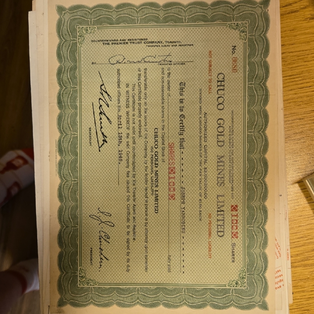 Vintage Authentic Stock Certificate issued by the Ontario Stock Exchange.